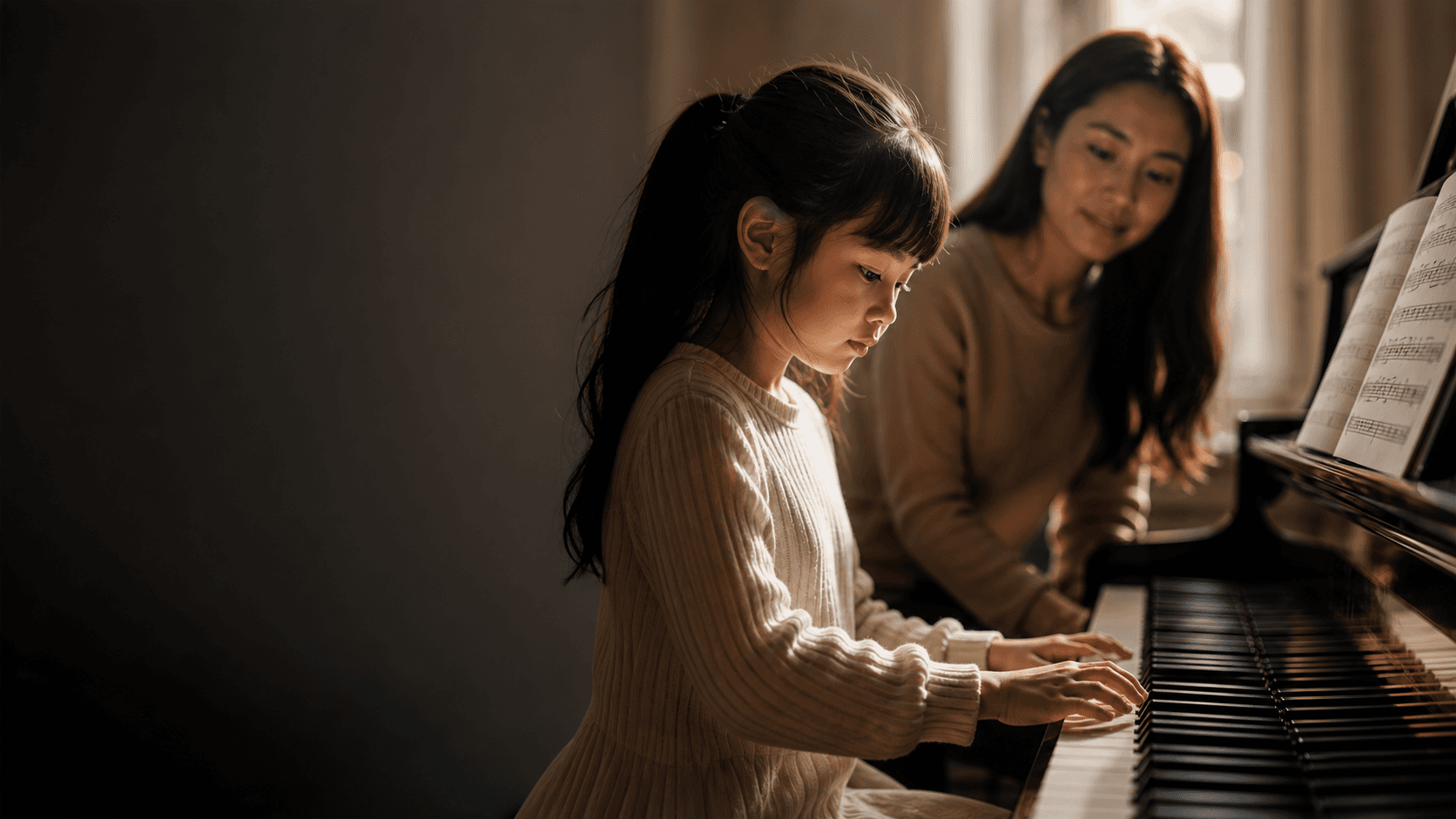 A child learning piano with calm teacher guidance